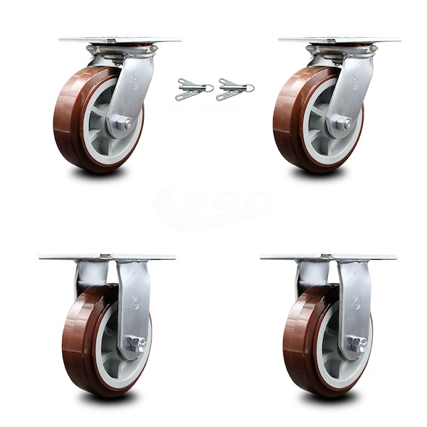 6 Inch Polyurethane Caster Set with Roller Bearing 2 Swivel Lock and 2 Rigid SCC